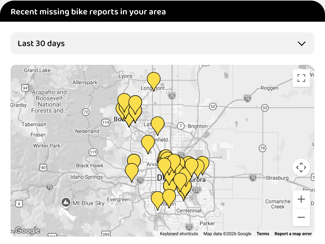 Recent missing bike reports map showing scale of the problem