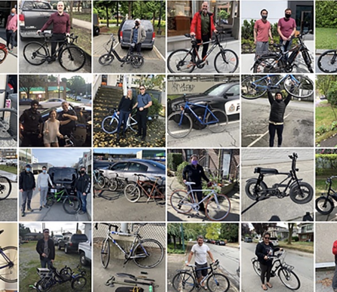Collage of bike recovery success stories from 529 Garage