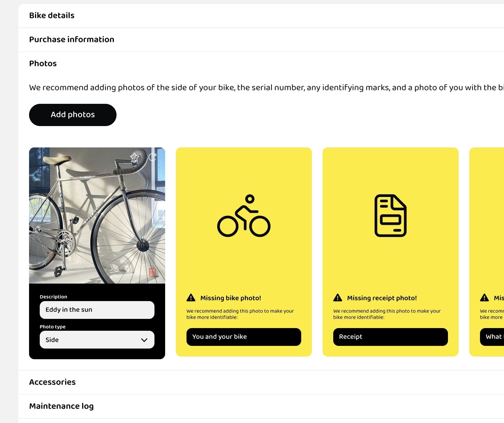 529 Garage bike registration screen